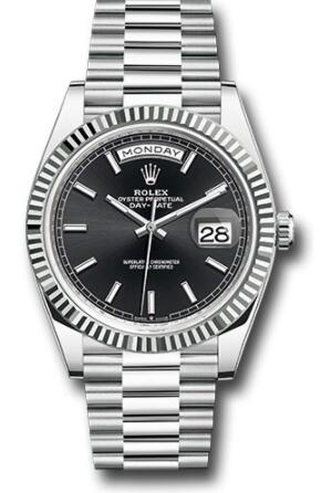 Replica Rolex Platinum Day-Date 40 Watch 228236 Fluted Bezel Bright Black Index Dial President Bracelet - Click Image to Close